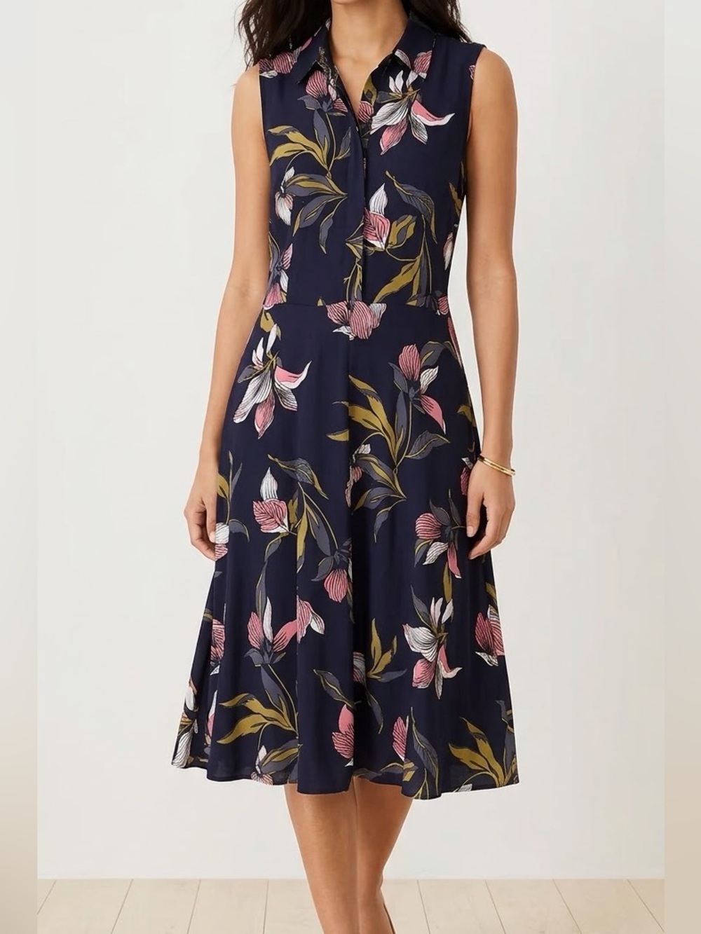 Ann Taylor Factory Navy Floral Midi Dress with Pink & Olive Motif